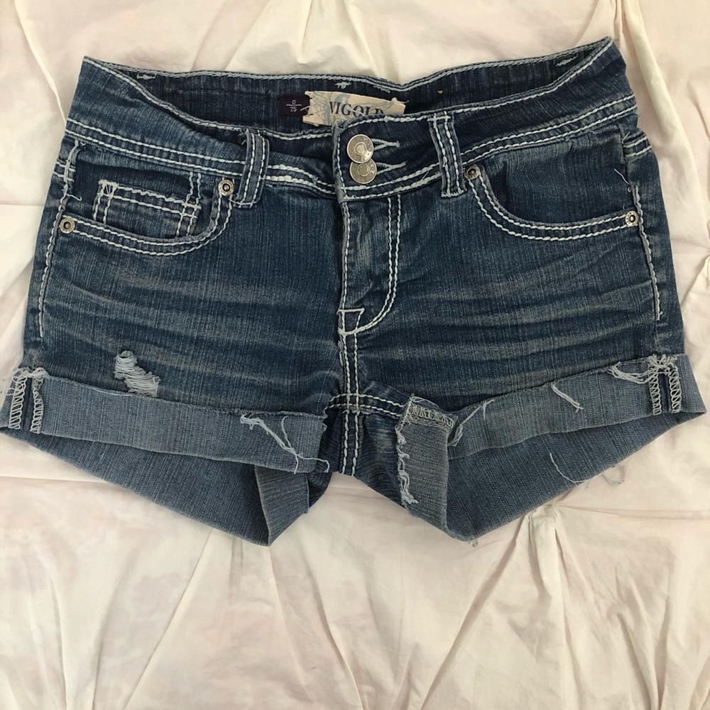 Distressed denim shorts